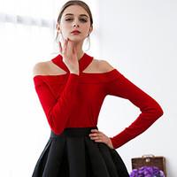 MASKED QUEEN Women\'s Off The Shoulder/Choker Going out Sexy Simple Regular Pullover, Solid Red Black Halter Long Sleeve Cotton Spring Medium Stretchy