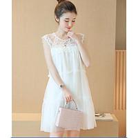 Maternity Going out Simple Loose Dress, Solid Round Neck Above Knee Sleeveless White Polyester Summer