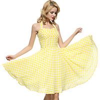 Maggie Tang Women\'s Backless 50s VTG Retro Check Rockabilly Hepburn Pinup Business Swing Dress 571