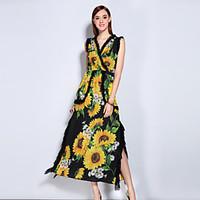 MARY YANYU Women\'s Going out Cute Swing DressFloral V Neck Midi Sleeveless Yellow Polyester Spandex Spring Summer Mid Rise Micro-elastic Medium