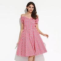 Maggie Tang Women\'s Off The Shoulder 50s VTG Retro Check Rockabilly Hepburn Pinup Cos Party Swing Dress 576