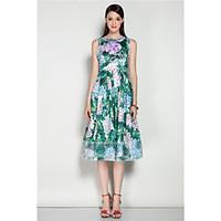Mary YanYu Going out Casual/Daily Beach Simple Swing DressGeometric Round Neck Knee-length Length Sleeve Silk Green Spring Summer Mid Rise