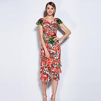 MARY YANYU Women\'s Going out Cute Sheath DressFloral V Neck Midi Short Sleeve Red Polyester Spandex Spring Summer Mid Rise Micro-elastic Medium