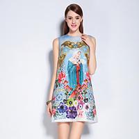 MARY YANYU Women\'s Going out Cute Shift DressFloral Print Round Neck Above Knee Sleeveless Blue Cotton Polyester Spring Summer Mid Rise