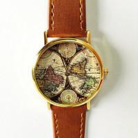 Map Watch Vintage Style Leather Fashion Women Watch World Map Men\'s Watch Silver and Gold Case Cool Watches Unique Watches Strap Watch
