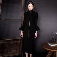 MASKED QUEEN Women\'s Flare Sleeve Going out Vintage Sheath DressSolid Turtleneck Knee-length Sleeve Black