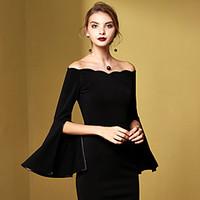 MASKED QUEEN Women\'s Casual/Daily Party Vintage Sheath Dress, Solid Off Shoulder Above Knee Cotton Fall Winter High Rise Stretchy Medium