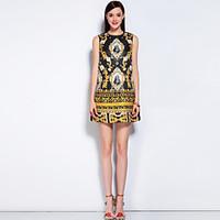 Mary YanYu Going out Casual/Daily Beach Simple Swing DressGeometric Round Neck Knee-length Length Sleeve Silk Green Spring Summer Mid Rise