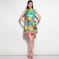 Mary YanYu Going out Casual/Daily Beach Simple Swing DressGeometric Round Neck Knee-length Length Sleeve Silk Green Spring Summer Mid Rise