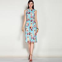 Mary YanYu Going out Casual/Daily Beach Simple Swing DressGeometric Round Neck Knee-length Length Sleeve Silk Green Spring Summer Mid Rise