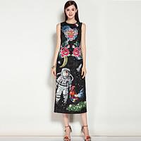 Mary YanYu Going out Casual/Daily Beach Simple Swing DressGeometric Round Neck Knee-length Length Sleeve Silk Green Spring Summer Mid Rise