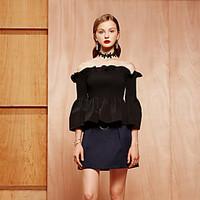 MASKED QUEEN Women\'s Off The Shoulder/Ruffle/Flare Sleeve Casual/Daily Simple Spring ShirtSolid Boat Neck Sleeve Black Cotton