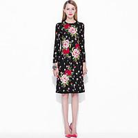 Mary YanYu Going out Casual/Daily Beach Simple Swing DressGeometric Round Neck Knee-length Length Sleeve Silk Green Spring Summer Mid Rise