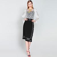 MARY YANYUWomen\'s Going out Casual/Daily Vintage Street chic Spring Summer Blazer Skirt SuitsSolid Color Block Round Neck Half Sleeve Sequins