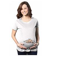 Maternity Casual/Daily Simple Spring Summer T-shirt, Solid Round Neck Short Sleeve White Black Cotton Medium