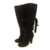Marc Jacobs Size EU 37 (UK 4) Midnight Black Suede Wrap Around Pull On Heeled Thigh Boots