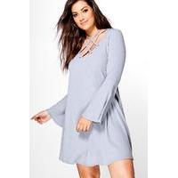 maddie lace up flare sleeve rib swing dress grey