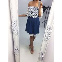 Marielle denim crochet bardot skater dress