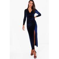 Martha Velvet Side Split Long Sleeve Maxi Dress - navy