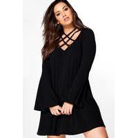 maddie lace up flare sleeve rib swing dress black