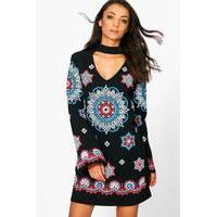 madi textured embroidery effect neck band dress black