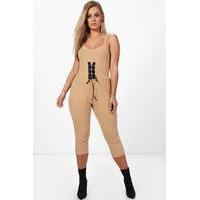 maria lace up detail rib unitard camel