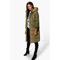 Maisie Duvet Coat With Faux Fur Hood - khaki