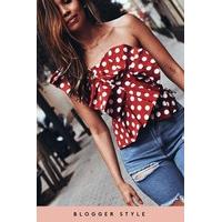 Madison Red Polka Dot Ruffle One Shoulder Top