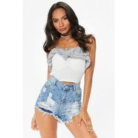 Maddy Blue Beaded Frayed Denim Shorts