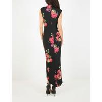 MARTHA - Black and Pink Floral Print Midi Dress