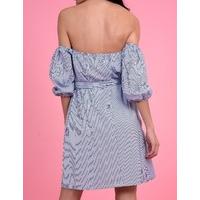 MAIDA - Blue and White Striped Off-shoulder Summer Dress