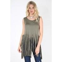 Mary Sleeveless Laser Cut Out Tassel Fringe Crop Top