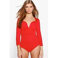 Maddie Long Sleeved Deep Plunge Body - red