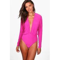 Maire Plunge Neck Batwing Bodysuit - pink