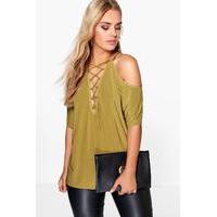 Maria Open Shoulder Lace Up Detail Top - olive