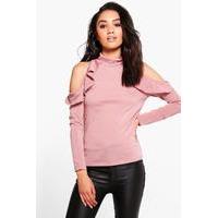 may cold shoulder ruffle high neck top rose