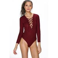 maisie ribbed lace up bodysuit wine