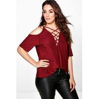 Maria Open Shoulder Lace Up Detail Top - merlot