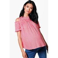 Maria Gingham Cold Shoulder Ruffle Top - red