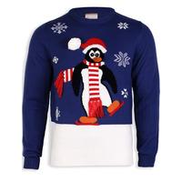 mens penguin knitted xmas blue jumper merry christmas