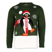 mens penguin knitted xmas green jumper merry christmas