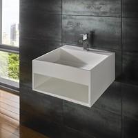 Mexa 50cm by 50cm Pure White Solid Surface Contemporary Wall Hung Basin With Storage Shelf