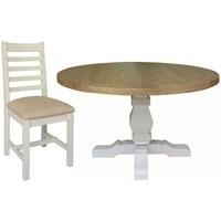 Melton Reclaimed Pine Dining Set - Round Pedestal with 6 Fabric Seat Dining Chairs