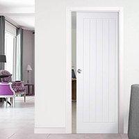 Mexicano White Primed Fire Pocket Door with Vertical Lining is 1/2 Hour Fire Rated