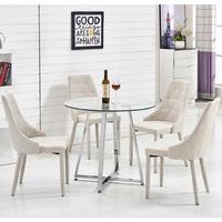 melito glass dining table round with 4 wilkinson beige chairs