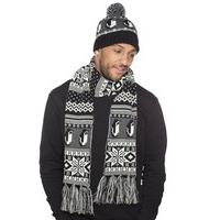 Mens Penguin Knitted Design Beanie Hat- Long Scarf Winter Thermal Fashion Set Black-Grey
