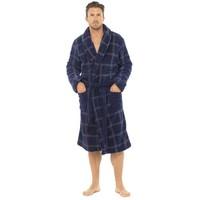 Mens Check Print Supersoft Coral Fleece Calf Length Robe, Black, Navy or Grey