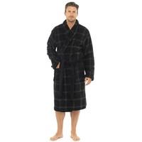 Mens Check Print Supersoft Coral Fleece Calf Length Robe, Black, Navy or Grey