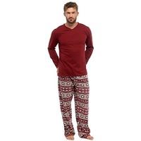 Mens Pyjama Set Jersey Top Fleece Trousers Fair Isle Warm Night Burgundy Large