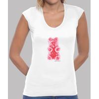 medium red gummy bear. girl t-shirt v white